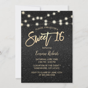Söt 16 Modern svart faux Glitter-typografi Inbjudningar