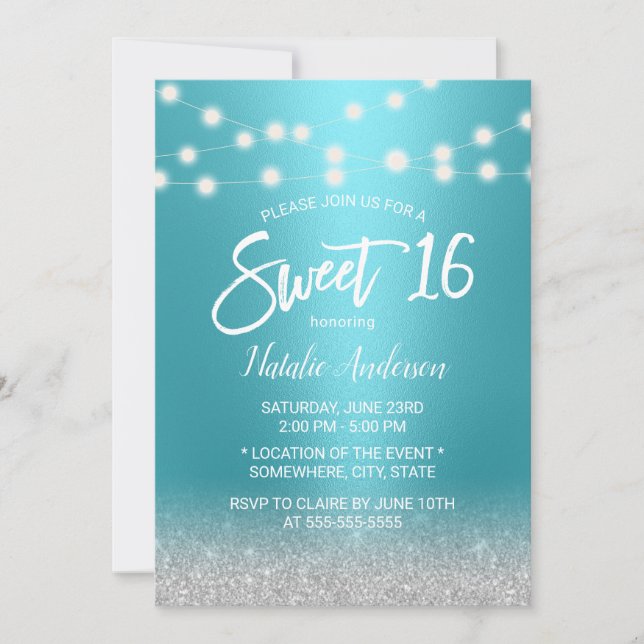 Söt 16 Modern turkos och Silver Glitter Inbjudningar (Framsida)