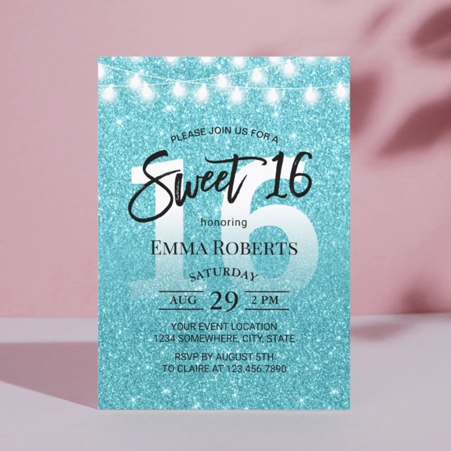 Söt 16 Modern turquise Glitter Girl Birthday Inbjudningar (Skapare uppladdad)