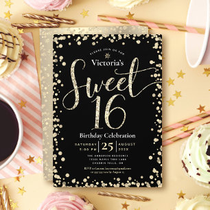 Söt 16 moderna Guld Black Glitter Girly Birthday Inbjudningar