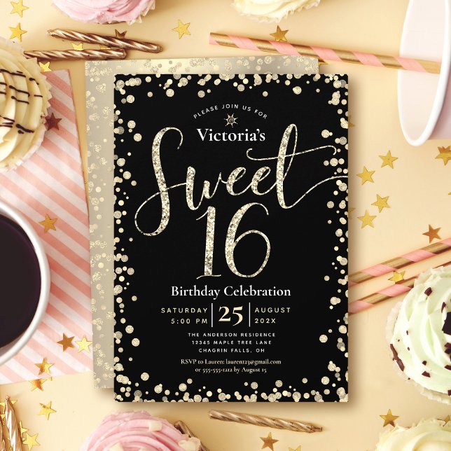 Söt 16 moderna Guld Black Glitter Girly Birthday Inbjudningar (Skapare uppladdad)