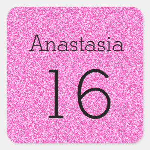 Söt 16 Namn Ålder Svart & Hot Pink Glitter Glans Fyrkantigt Klistermärke