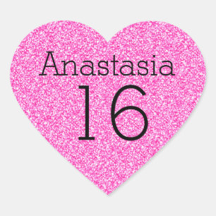 Söt 16 Namn Ålder Svart & Hot Pink Glitter Glans Hjärtformat Klistermärke