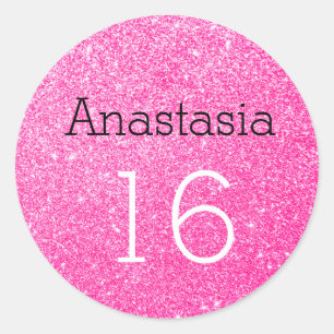 Söt 16 Namn Ålder Svart & Hot Pink Glitter Glans Runt Klistermärke