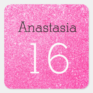 Söt 16 Namn Ålder Svart & Hot Pink Glitter Gnistra Fyrkantigt Klistermärke