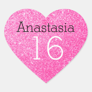 Söt 16 Namn Ålder Svart & Hot Pink Glitter Gnistra Hjärtformat Klistermärke