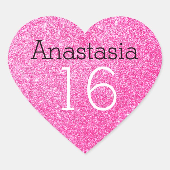Söt 16 Namn Ålder Svart & Hot Pink Glitter Gnistra Hjärtformat Klistermärke (Framsida)