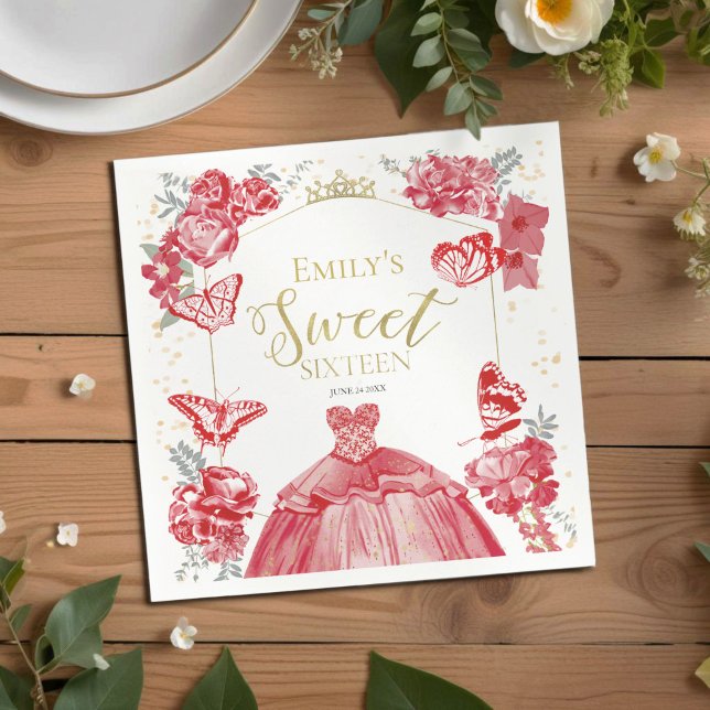 Söt 16 Napkins Butterfly Red Dress-Blommigt Pappersservett (Skapare uppladdad)