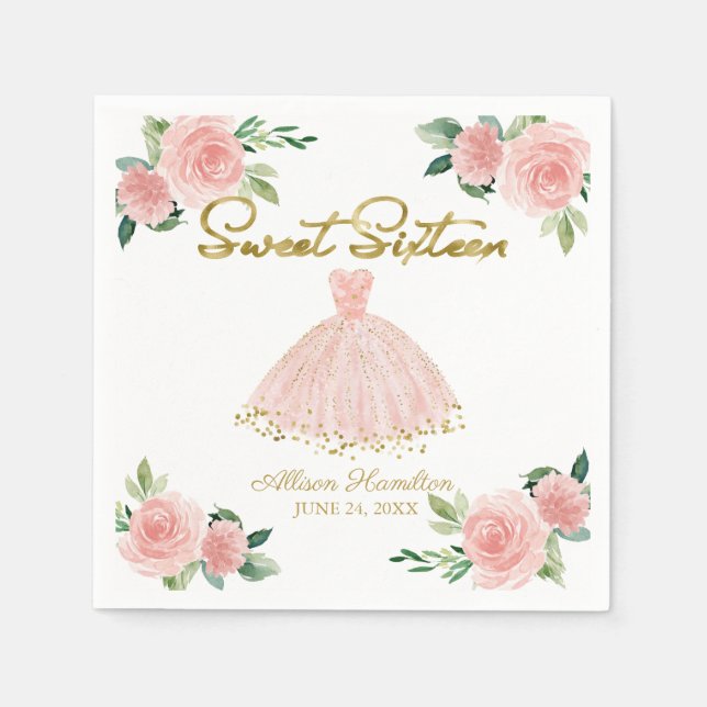 Söt 16 Napkins  Rosa Blommigt Pappersservett (Framsidan)
