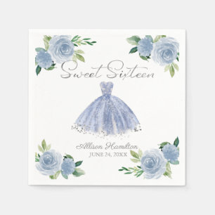 Söt 16 Napkins Silver Dusty Blue Gown-Blommigt Pappersservett