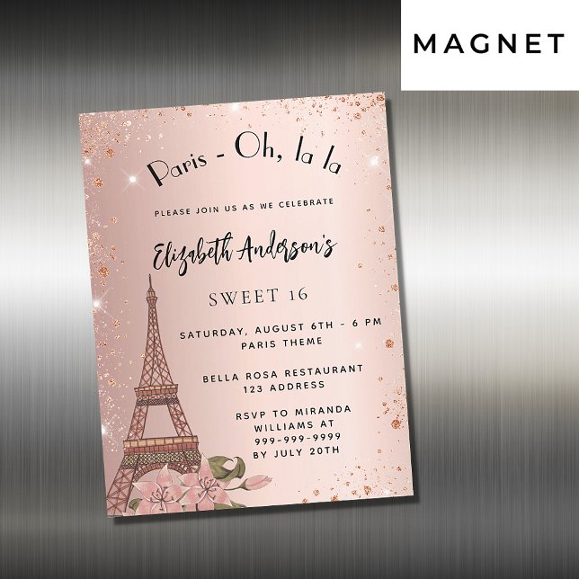 Söt 16 Paris ro guld Eiffel torn luxuy Magnetisk Inbjudningskort (Skapare uppladdad)