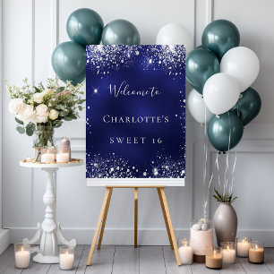 Söt 16 party blå silver glitter gnistra välkommen poster