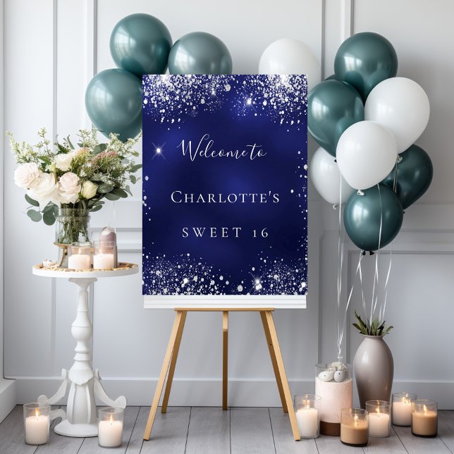 Söt 16 party blå silver glitter gnistra välkommen poster (Skapare uppladdad)