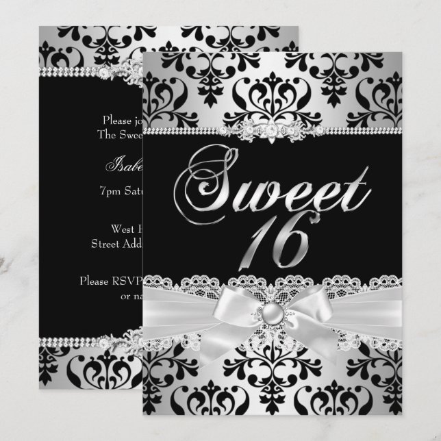 Söt 16 Party Black Silver Damask Pearl Bow Inbjudningar (Fram/baksida)