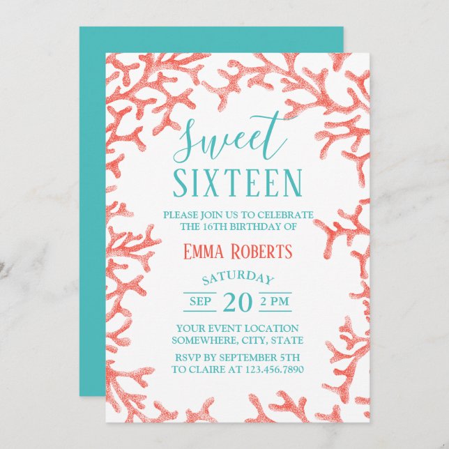 Söt 16 Party Elegant Beach Coral Reef Birthday Inbjudningar (Fram/baksida)