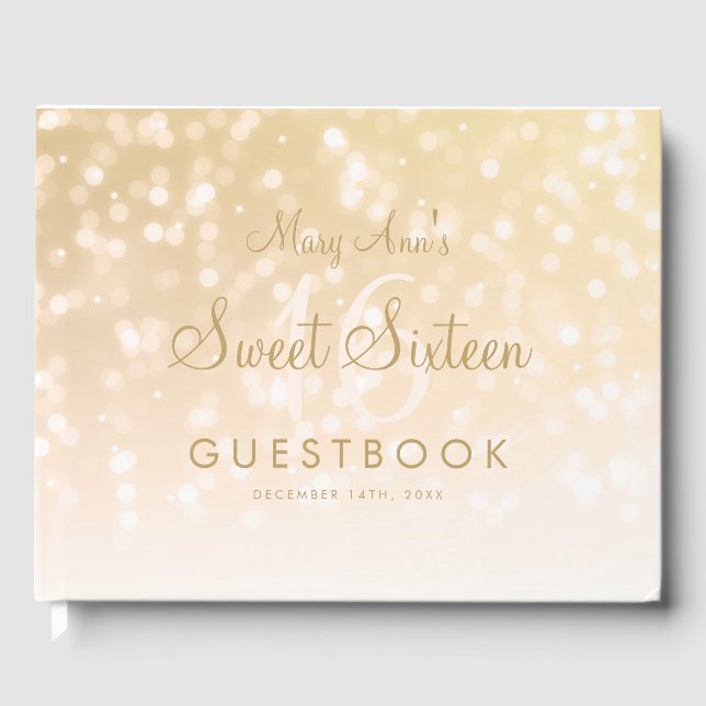 Söt 16 Party Guestbook Guld Bokeh Gnistra Ljus Gästböcker (Framsida)