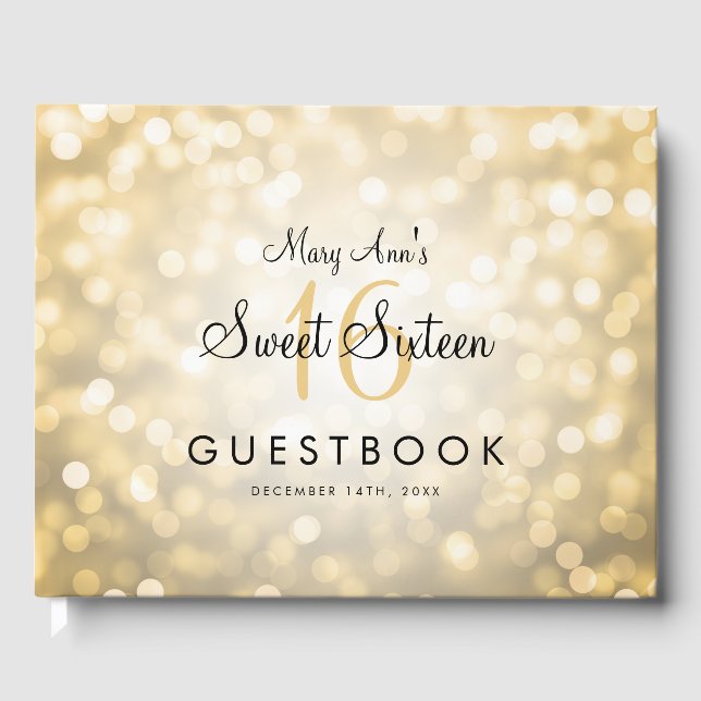 Söt 16 Party Guestbook Guld Glitter Ljus Gästböcker (Framsida)