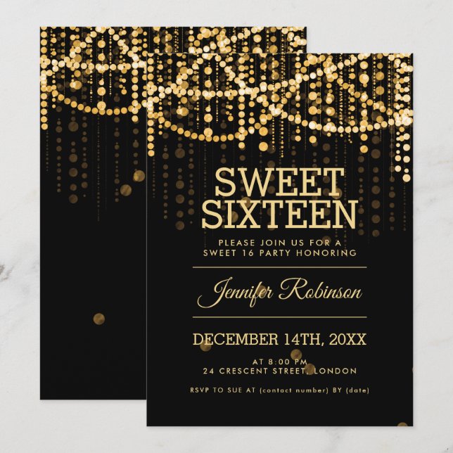 Söt 16 Party Guld String Ljus Inbjudningar (Fram/baksida)