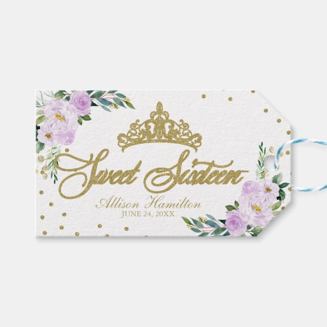 Söt 16 Party Guld Tiara Lavender Blommigt Presentetikett (Framsidan (Horisontell))