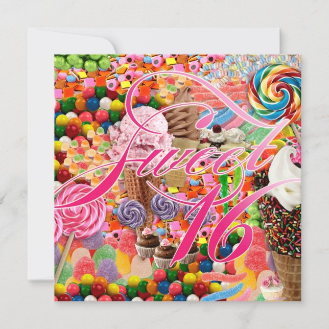 Söt 16 Party Inbjudan godis-Rosa (Framsida)