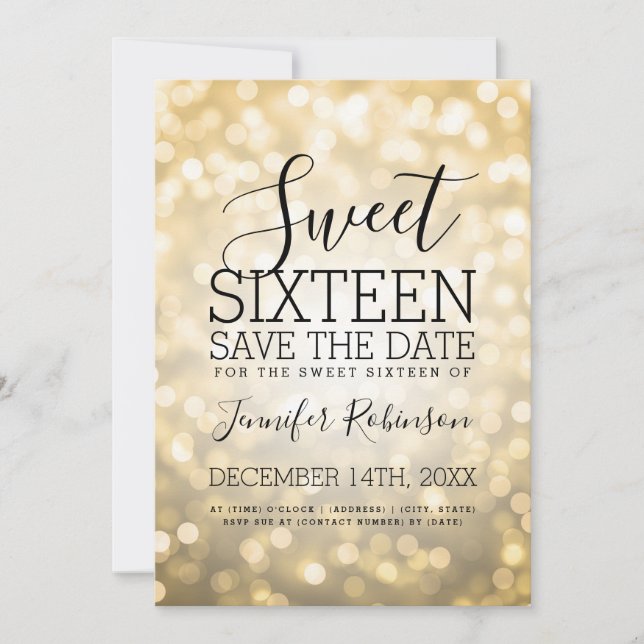 Söt 16 Party mousserande Guld Glitter Ljus Spara Datumet (Framsida)