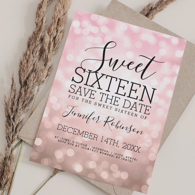 Söt 16 Party  Rosa Glitter Ljus Spara Datumet (Sweet 16 Party Blush Pink Glitter Lights Save The Date)