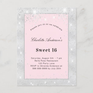 Söt 16 party silver rosa glitter inbjudan vykort