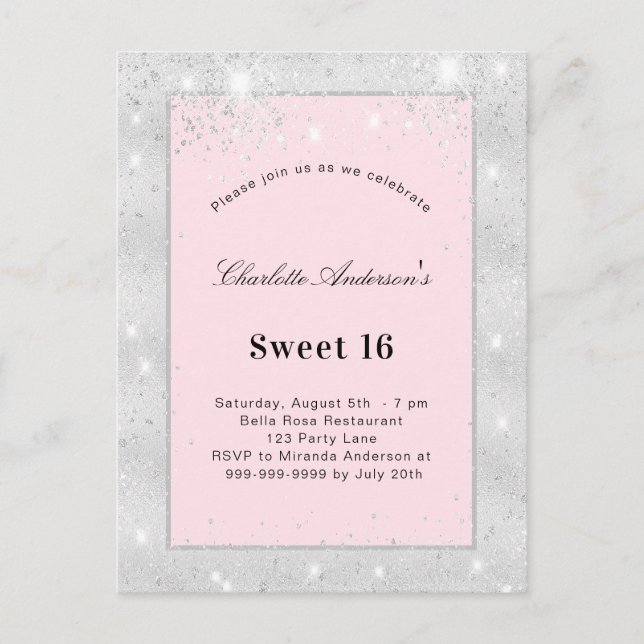 Söt 16 party silver  rosa glitter inbjudan vykort (Framsida)