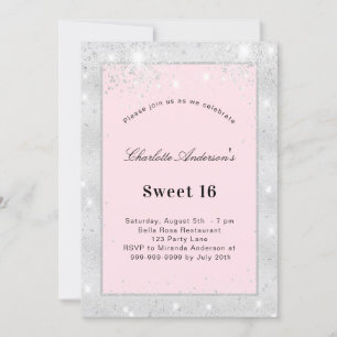 Söt 16 party silver rosa glitter inbjudningar