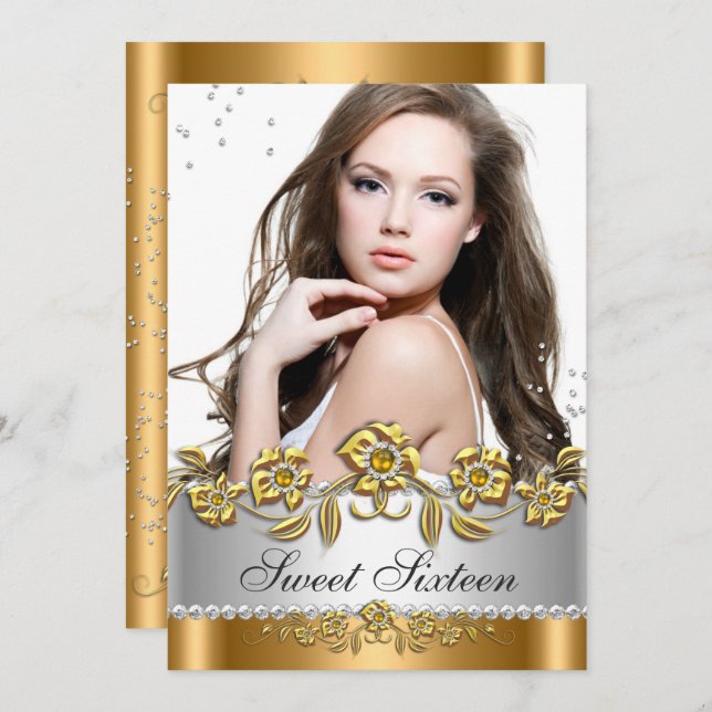 Söt 16 Photo Bronze Guld Silver Diamond Jewel Inbjudningar (Fram/baksida)