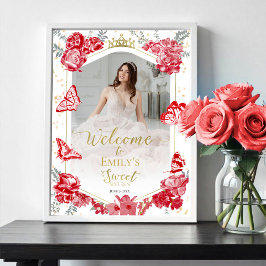 Söt 16 Photo Welcome Sign Butterfly Red Blommigt Poster
