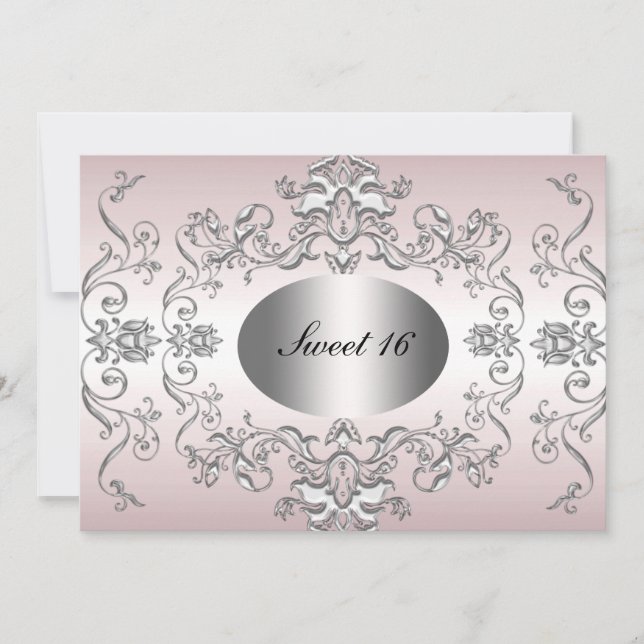 Söt 16 Pink Silver Elegant Inbjudan (Framsida)