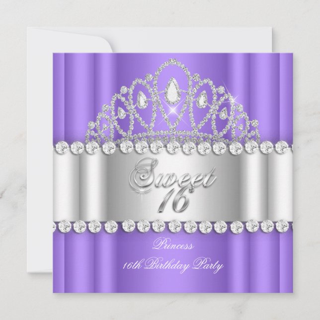 Söt 16 prinsessa lila vit diamant tiara inbjudningar (Framsida)