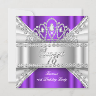 Söt 16 prinsessa lila vit diamant tiara inbjudningar