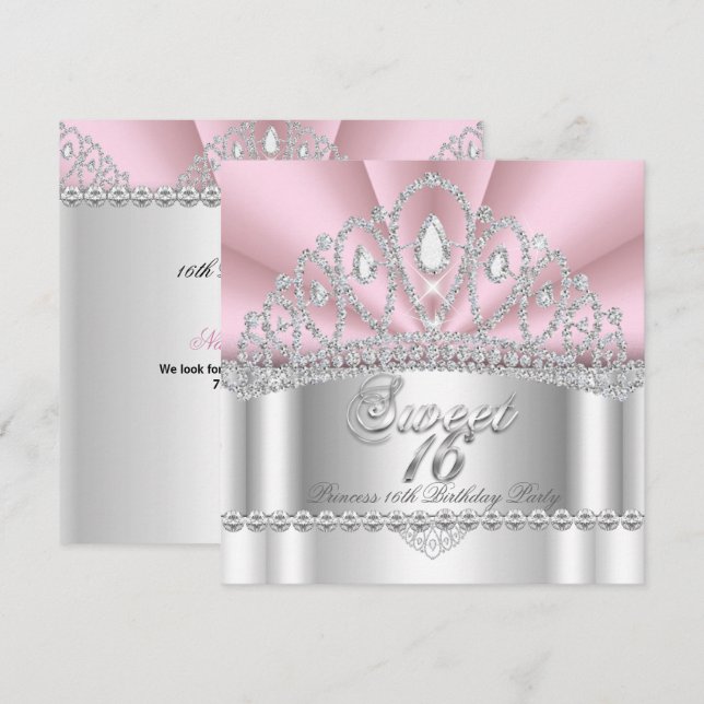 Söt 16 prinsessa rosa vit diamant tiara inbjudningar (Fram/baksida)