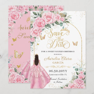 Söt 16 Quinceanera Rosa Rosor Blommig Rättvist Gul Spara Datumet