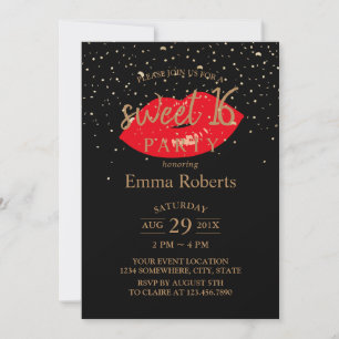 Söt 16 Red Läppar Modern Guld Confetti Birthday Inbjudningar