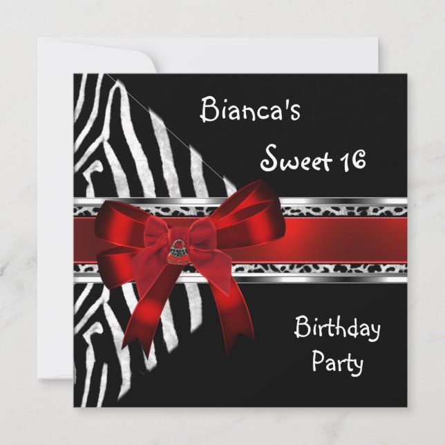 Söt 16 Red Silver Black Zebra Leopard Birthday Inbjudningar (Framsida)