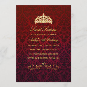 Söt 16   Red Tiara & Damask-inbjudan Inbjudningar