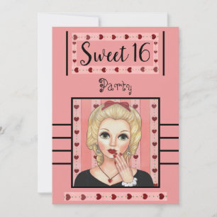 Söt 16 Retro Vintage Party Heart Rosa Girly Girl Inbjudningar