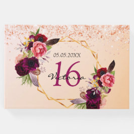 Söt 16 ro guld-blommigtens geometriska burgundi gästböcker