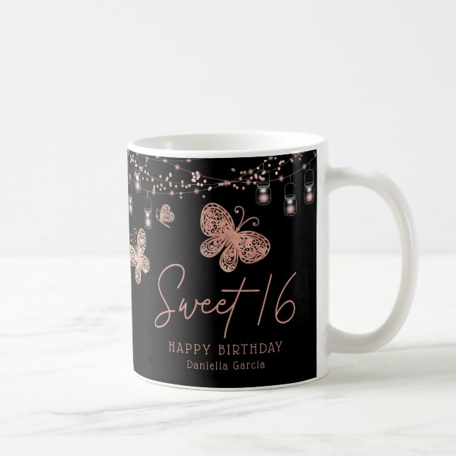 Söt 16 Ro Guld Butterfly Chic Modern födelsedag Kaffemugg (Höger)
