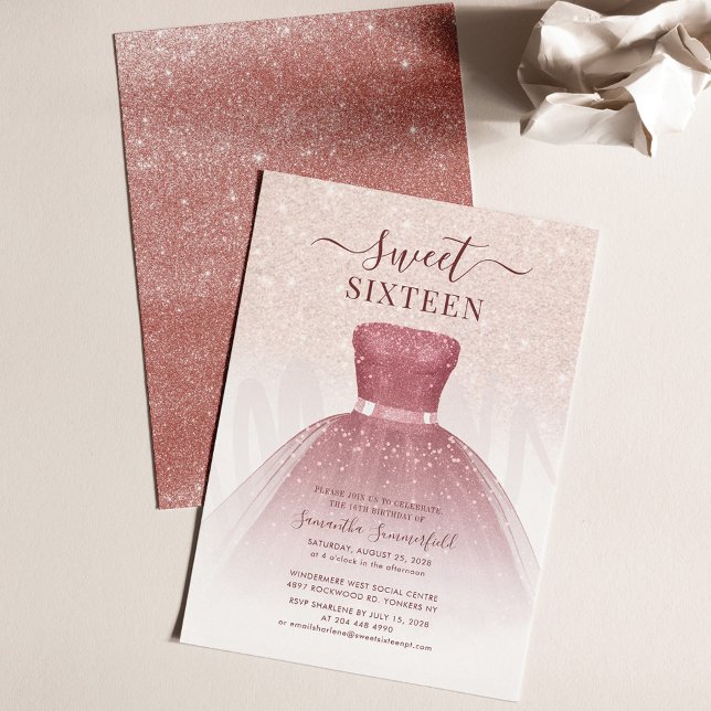 Söt 16 Ro-Guld-Dress Födelsedagsfest inbjudan (Sweet 16 Rose Gold Sxteenth Birthday Party Invitation)