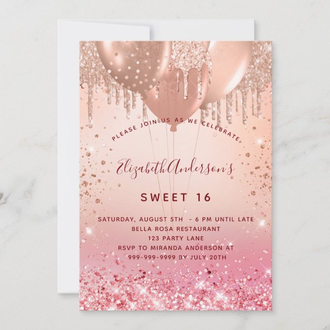 Söt 16 ro guld glitter-ballonger glam 16:e inbjudningar (Framsida)