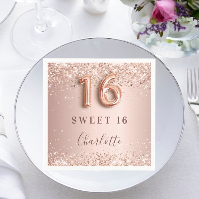 Söt 16 ro guld  glitter namn elegant pappersservett (Skapare uppladdad)