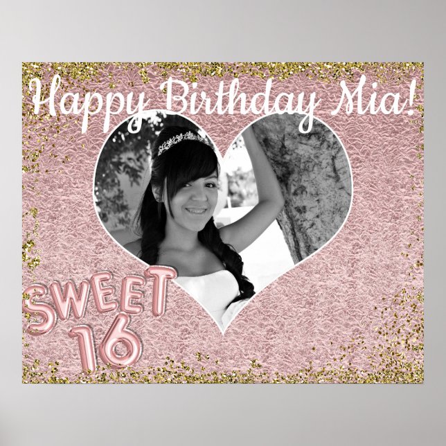 Söt 16 Ro Guld Hjärtfoto Födelsedagsfest Poster (Framsidan)