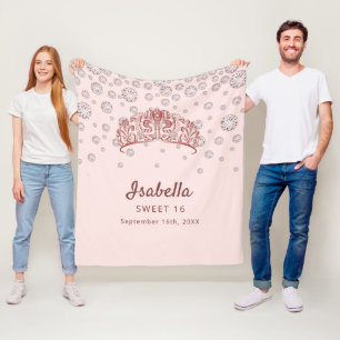 Söt 16 ro guld tiara krona rosa monogram fleecefilt