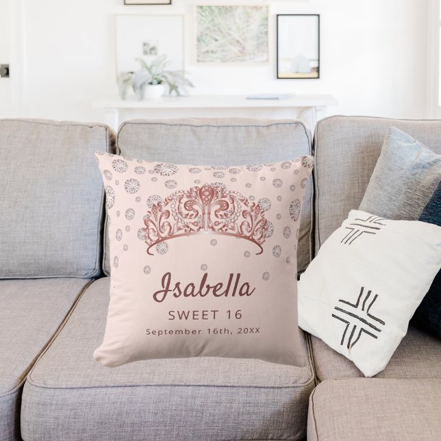 Söt 16 ro guld tiara krona rosa monogram kudde (Skapare uppladdad)