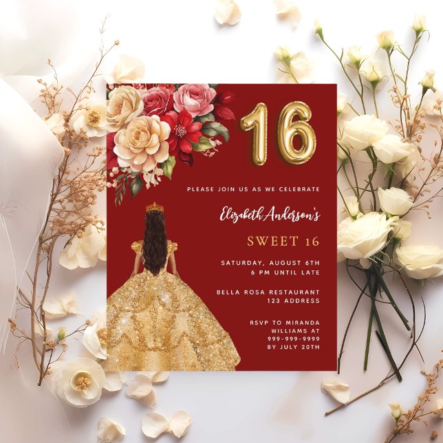 Söt 16 röd guldklänning blommor rosor inbjudan (Skapare uppladdad)