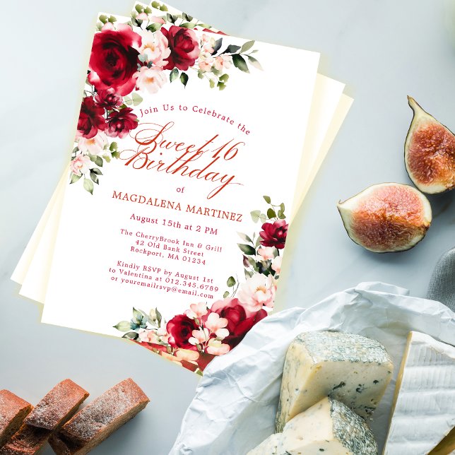 Söt 16 Röd ros Rosa Peony Blommigt Inbjudningar (Skapare uppladdad)